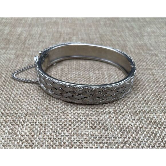 Silver Tone Bangle Cuff Bracelet Woven Basket Pattern Unisex - Picture 2 of 6